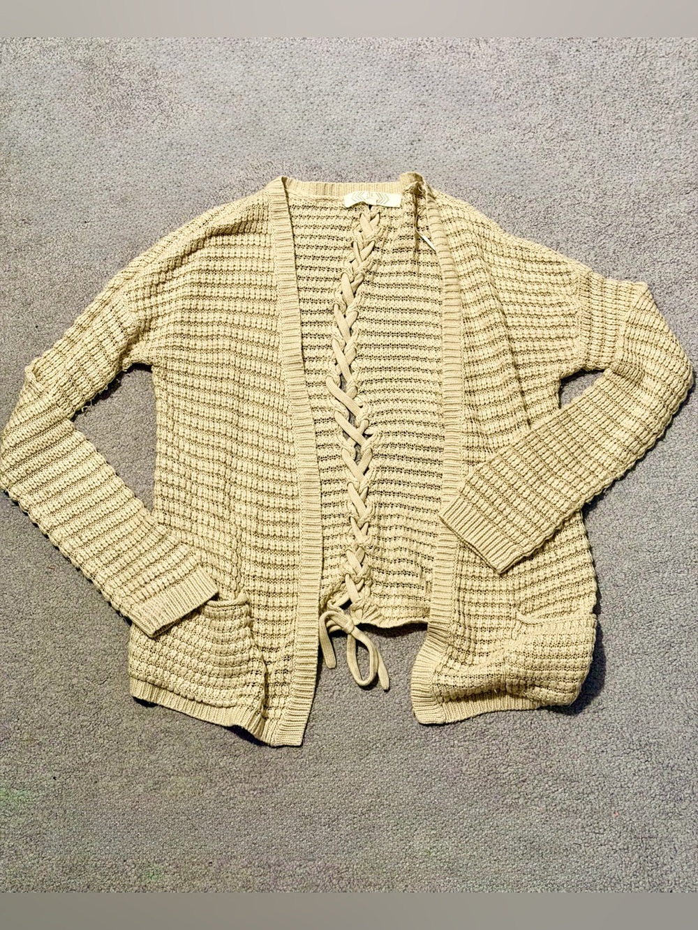 Pink Rose Women’s Cream Knit Lace-Up Open Cardigan - L